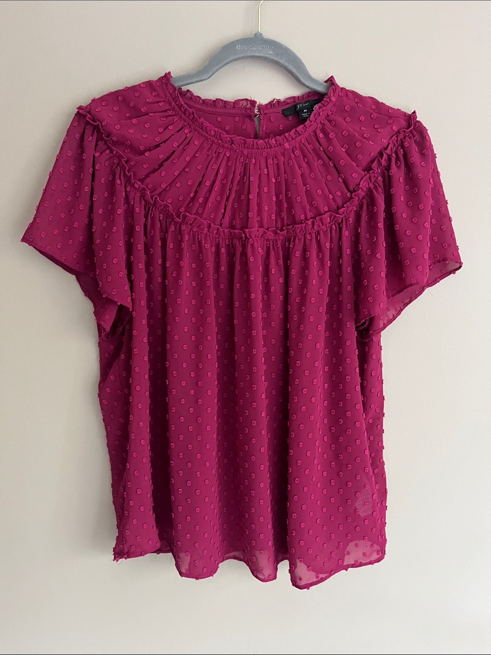 J.Crew Gathered Chiffon Bib top in drapey Swiss Dot Dark Berry size medium